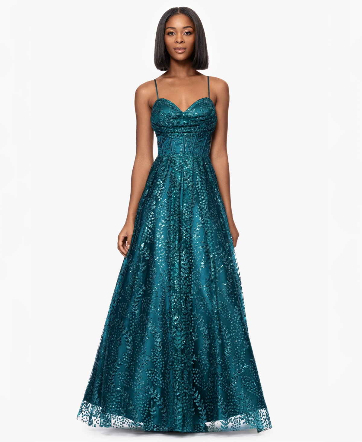 Juniors' Glitter-Dot Draped-Neck Gown - Teal