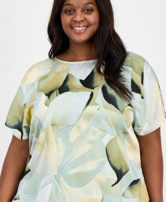 Anne Klein - Plus Size Dot-Print Bateau-Neck Short-Sleeve Blouse