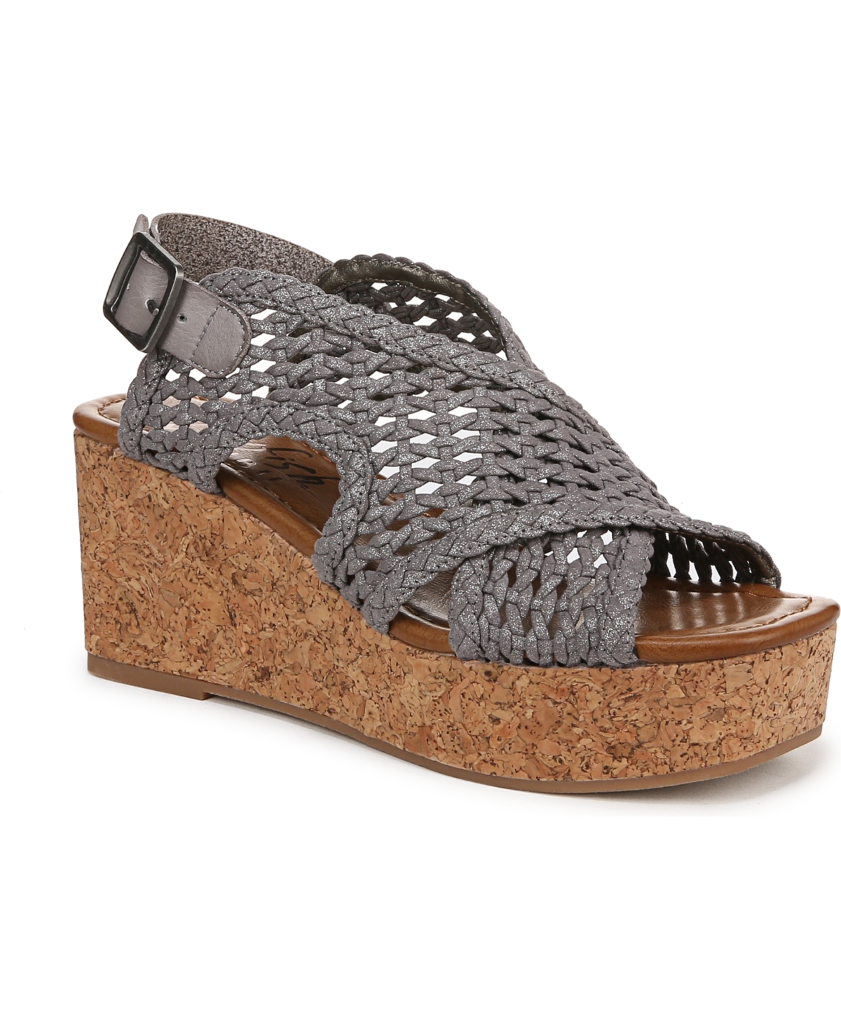 Shop Blowfish Malibu Women's Andrea Square Peep Toe Slingback Wedge Sandals In Dark Silver Metallic Fabric