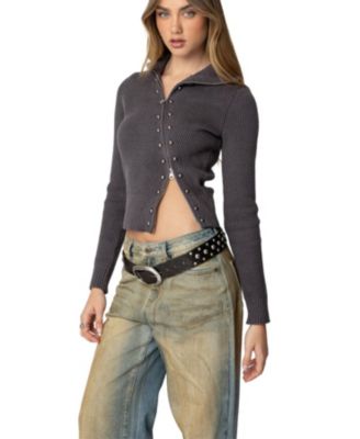 Womens Ribbed Asymmetric Zip Up Cardigan