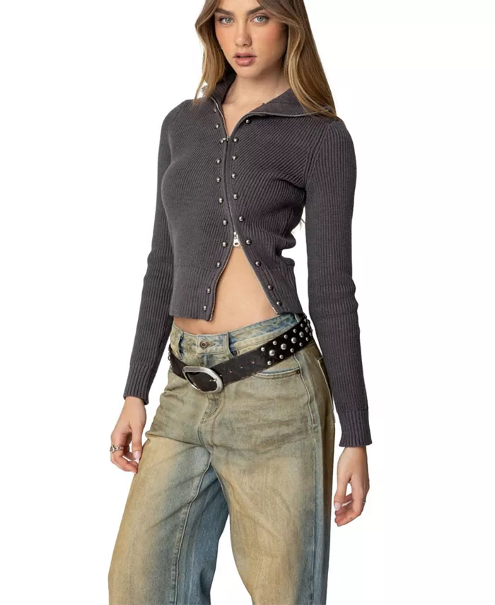 Womens Ribbed Asymmetric Zip Up Cardigan - thumbnail 4