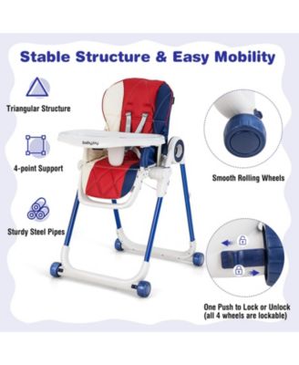 Boys High Chair Foldable Feeding Chair with 4 Lockable Wheels