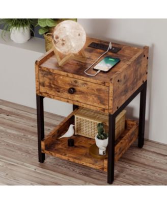 Nightstand, Bedside Table with Charging Station