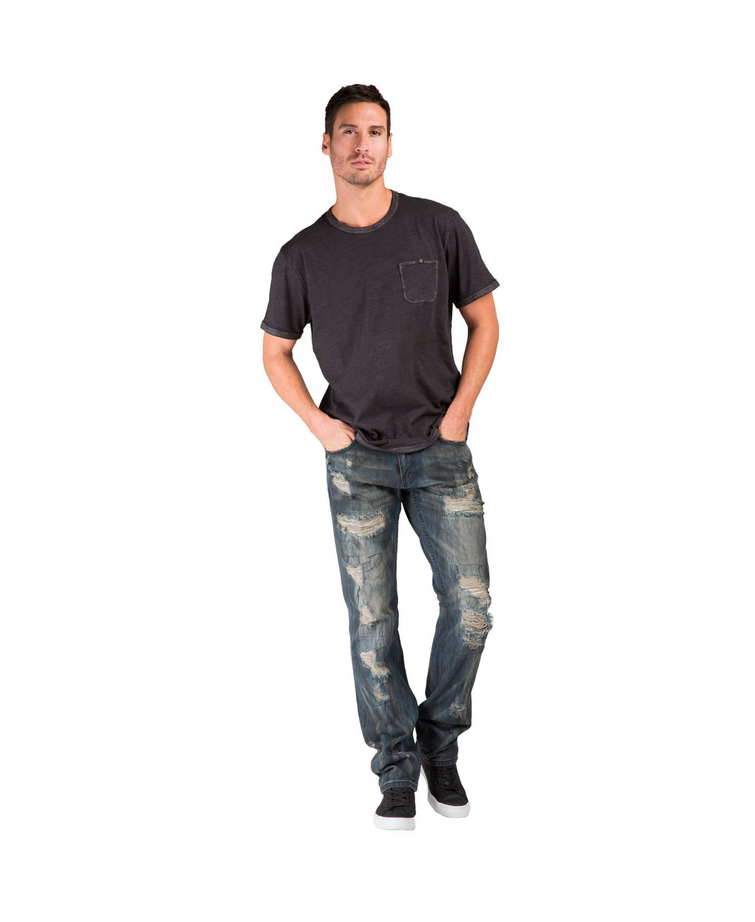 Men's Dark Tint Destroyed and Mended Slim Straight Premium Jeans