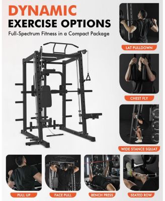 Smith Machine with PEC Dec, 2000LBS Squat Rack Chest Fly Machine with Cable System, Workout Weight Cage with Weight Bench, 230LBS Plates, Spotter Arms, Home Gym, for Home Gym