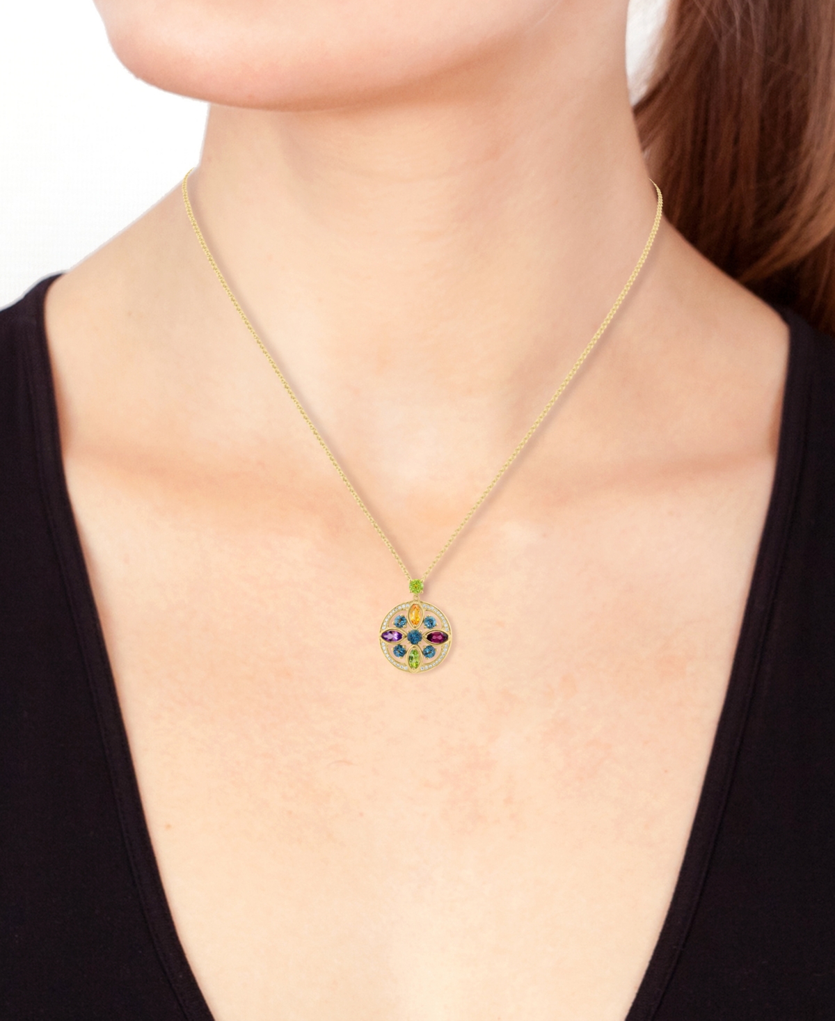 EFFY COLLECTION EFFY MULTI-GEMSTONE (2-1/5 CT. T.W.) & DIAMOND (1/6 CT. T.W.) FLOWER PENDANT NECKLACE IN 14K GOLD, 1 