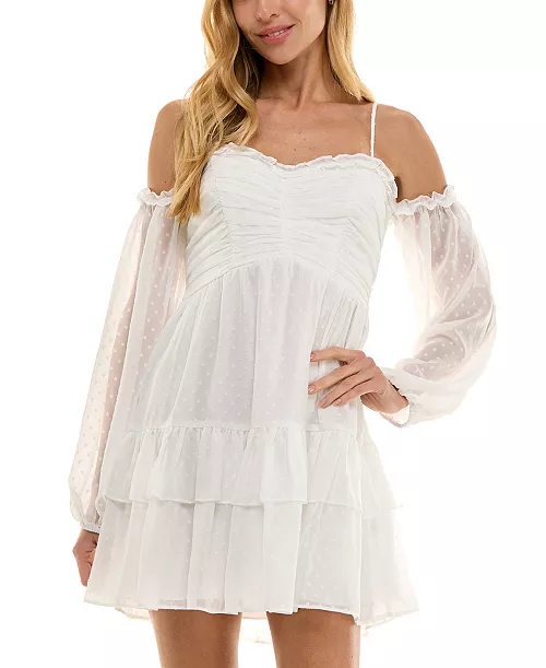 juniors' clip dot blouson-sleeve a-line dress