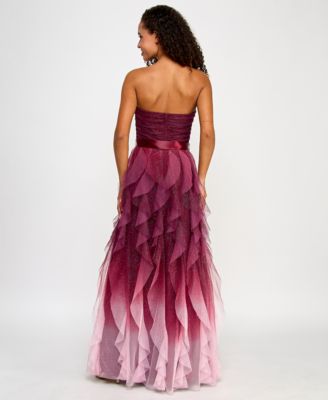Juniors' Corkscrew-Ruffled Strapless Gown