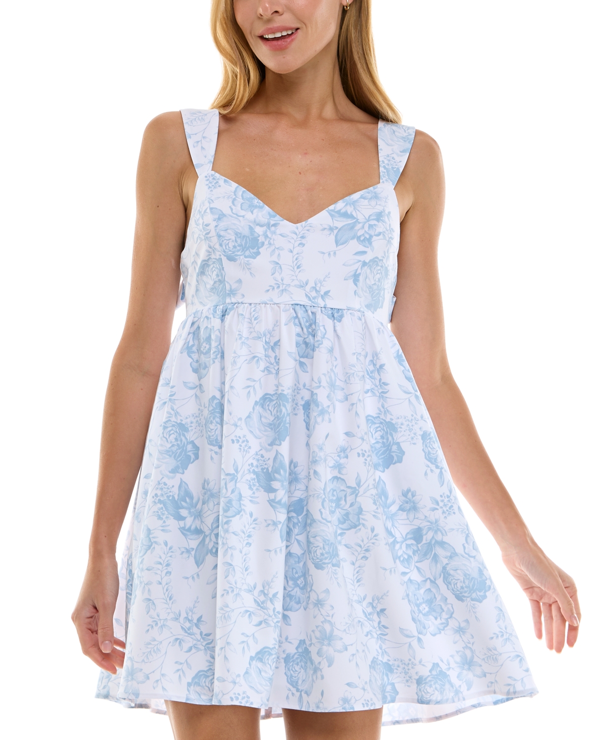 Juniors' Floral-Print Bow-Back Babydoll Dress - Blue