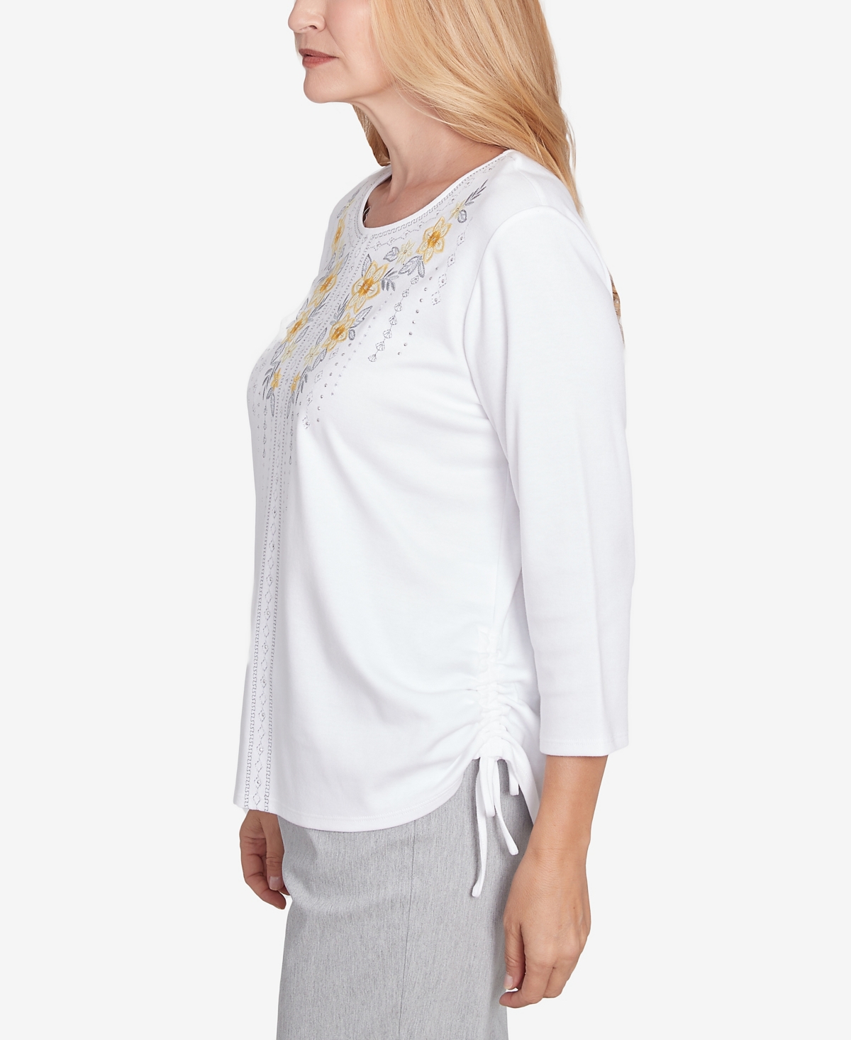 Alfred Dunner Petite Dress Code Linear Knit Floral Embroidered Crew Neck Top In White