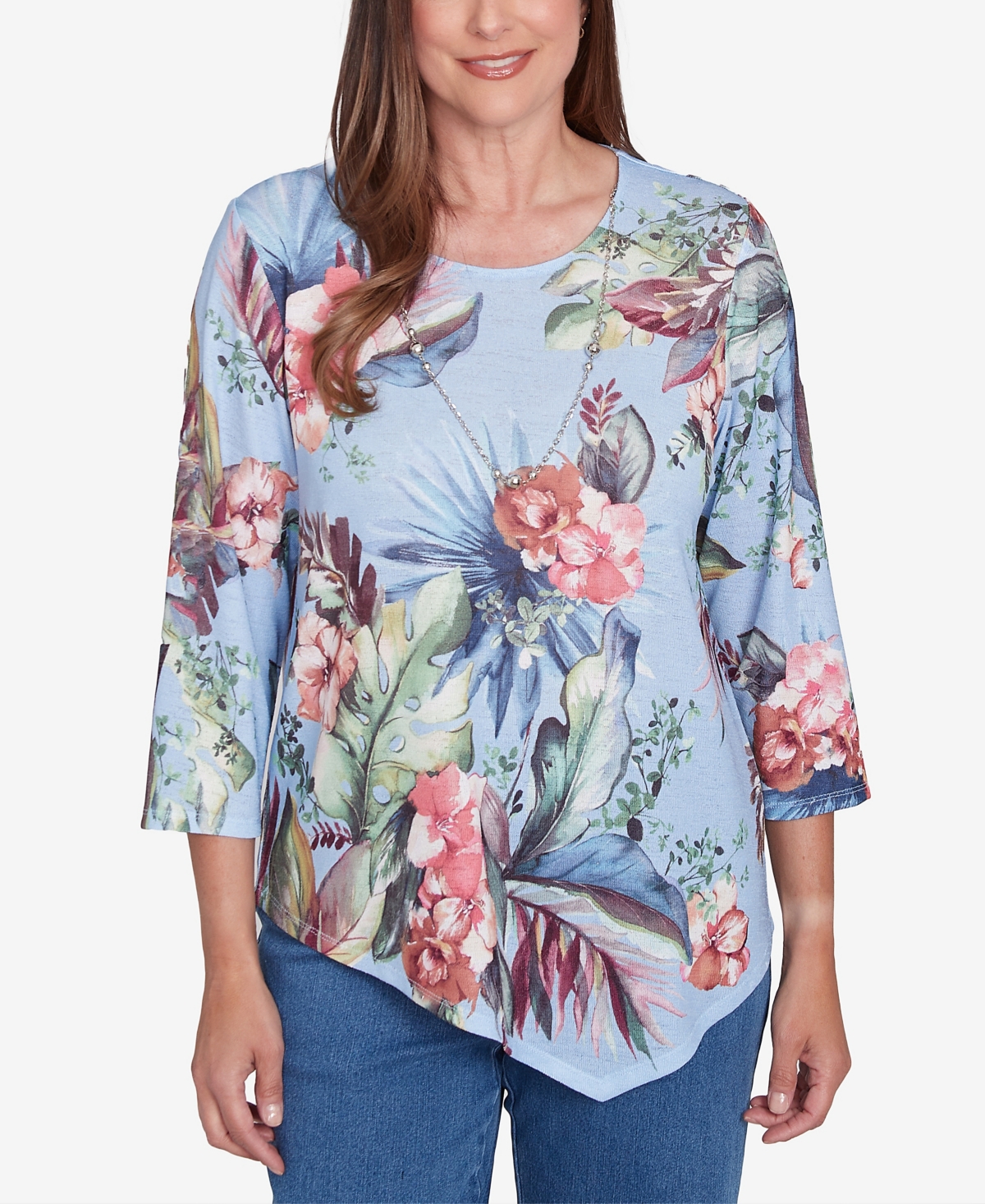 Petite Free Spirit Tropical Print Knit Top with Necklace - Light Blue