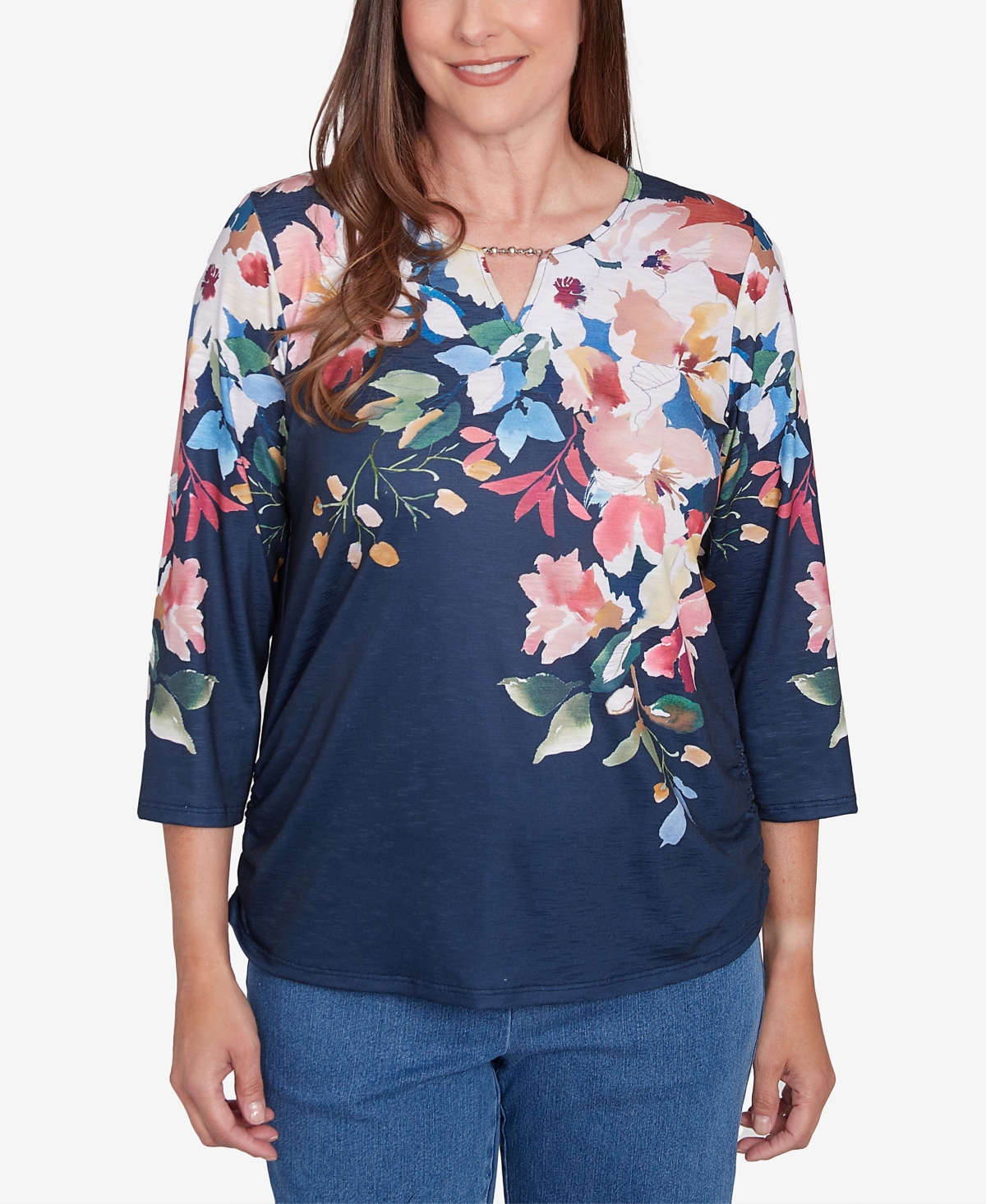 Petite Free Spirit Floral Knit Ruched Sleeve Top - Navy