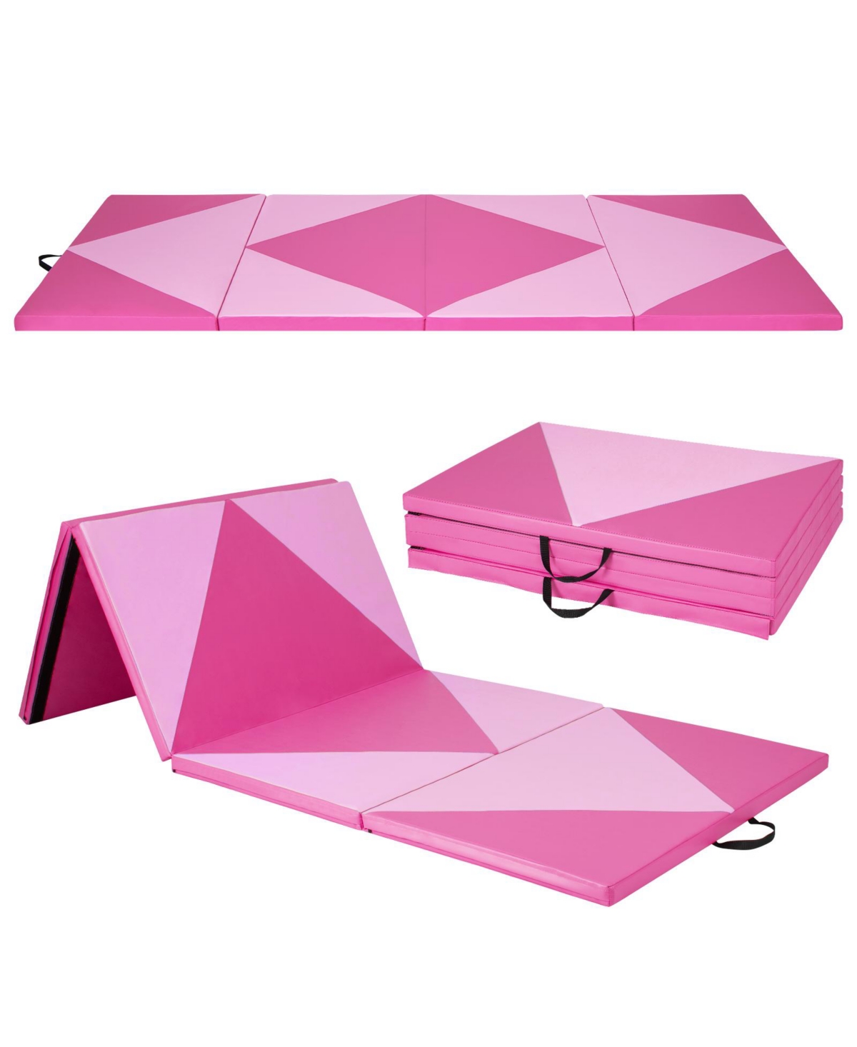 4-Panel Pu Leather Folding Exercise Gym Mat with Hook and Loop Fasteners - Pink