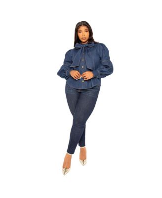 Women's Plus Size Bow Neck Puff Sleeve Denim Blouse