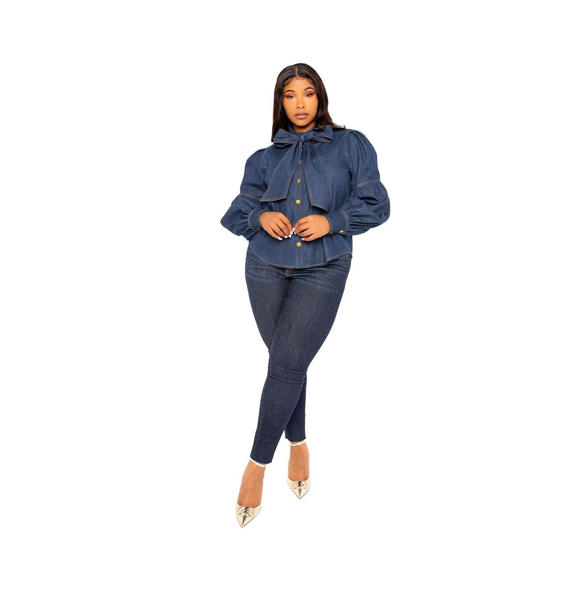 BUXOM COUTURE WOMEN'S PLUS SIZE BOW NECK PUFF SLEEVE DENIM BLOUSE 