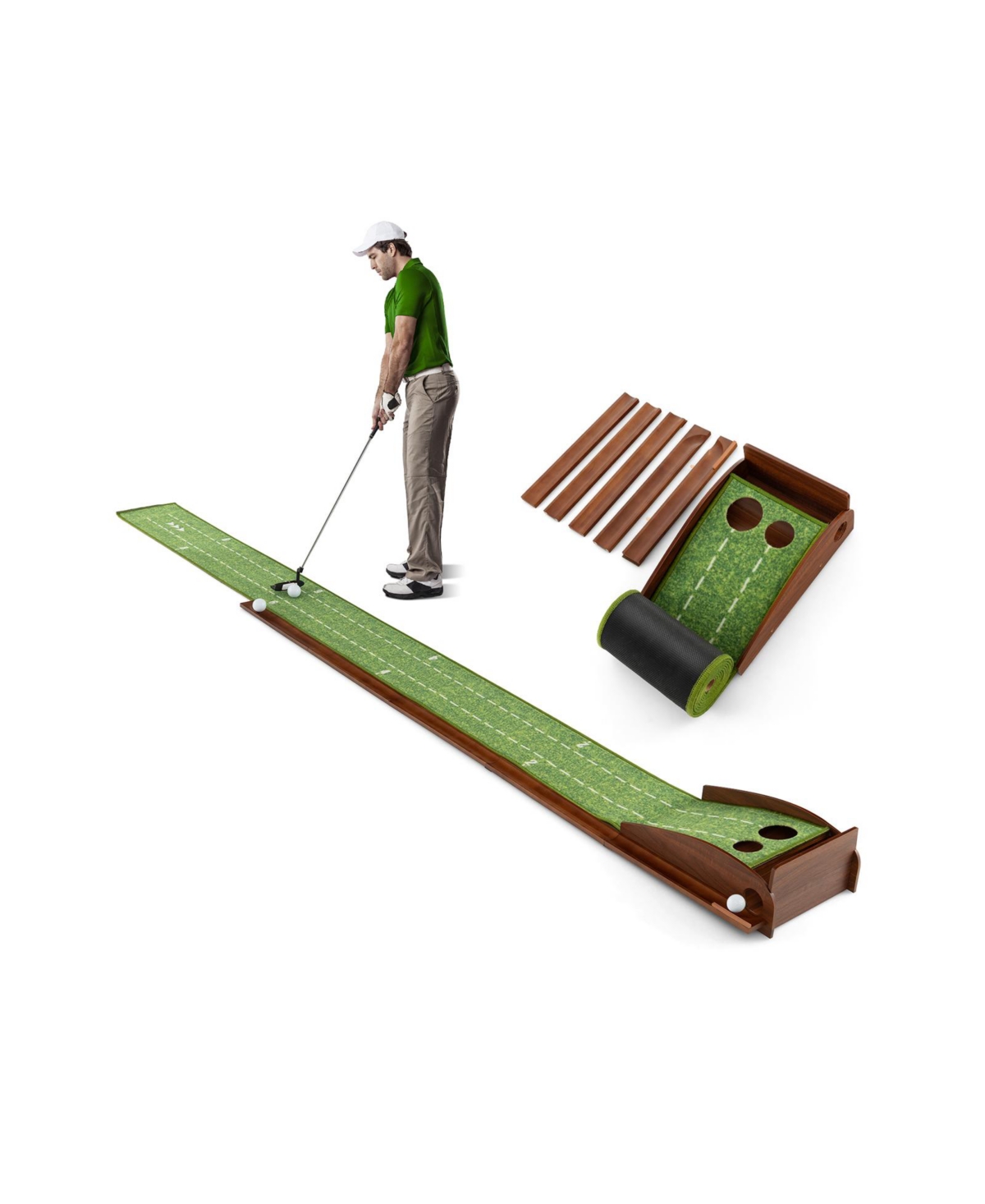 Golf Putting Mat Practice Training Aid with Auto Ball Return and 2/3 Hole Sizes - Green