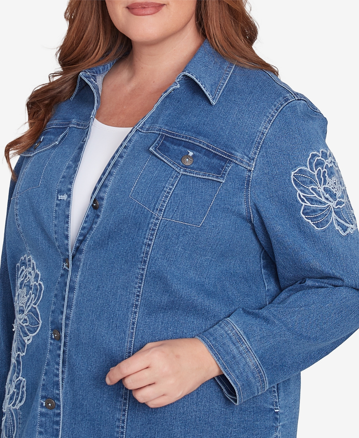 Alfred Dunner Plus Size Free Spirit Super Stretch Floral Denim Jacket In Medium Denim