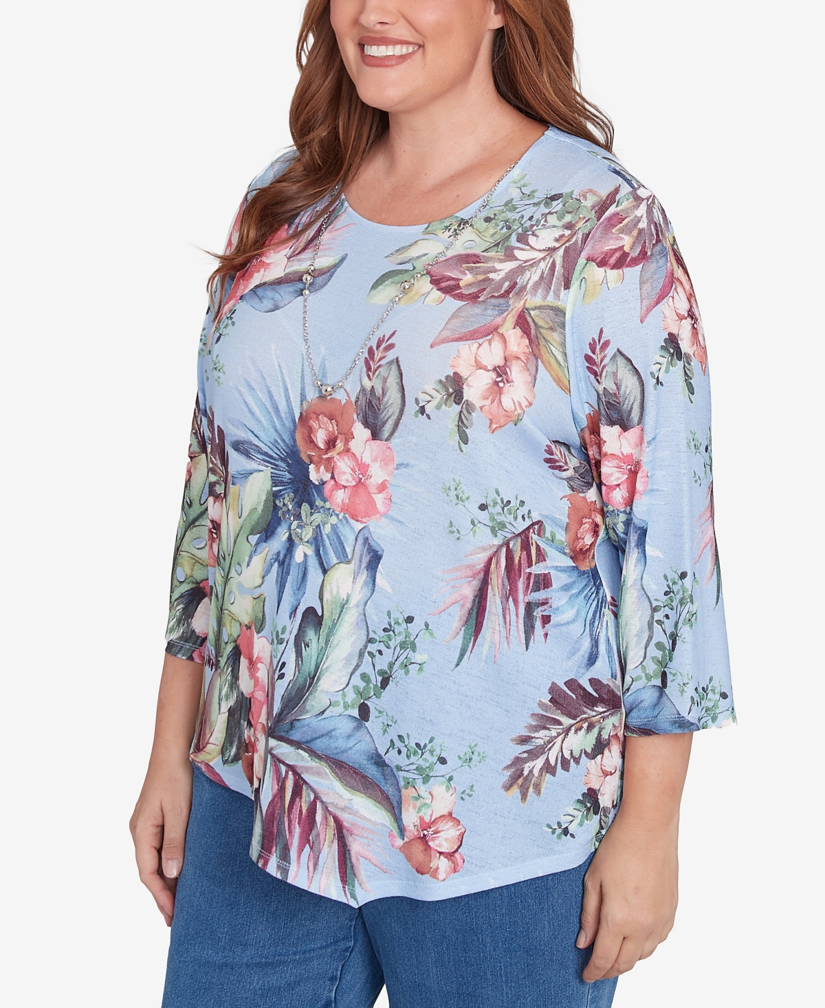 Alfred Dunner Plus Size Free Spirit Tropical Print Knit Top With Necklace In Light Blue