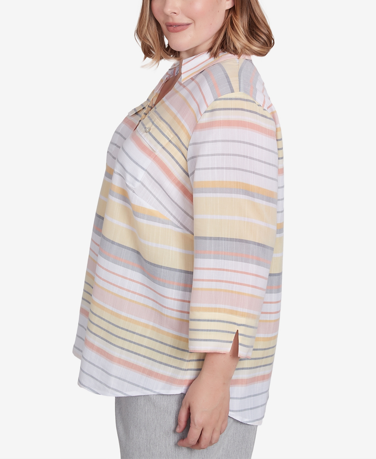 Alfred Dunner Plus Size Dress Code Button Down Striped Cuffed Sleeve Top In Multi Yellow