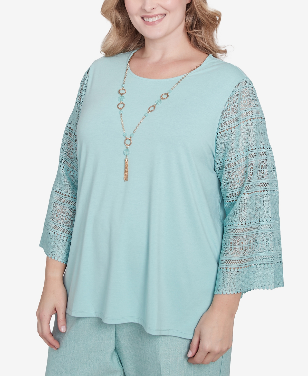 Alfred Dunner Plus Size Kensington Gardens Solid Lace Sleeve Knit Top With Necklace In Pistachio