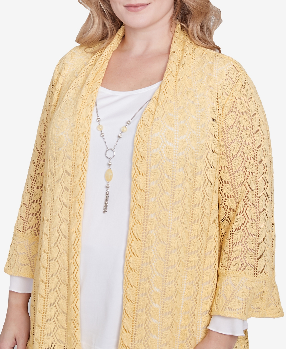 Alfred Dunner Plus Size Dress Code Two In One Pointelle Knit Top With Necklace In Buttercup