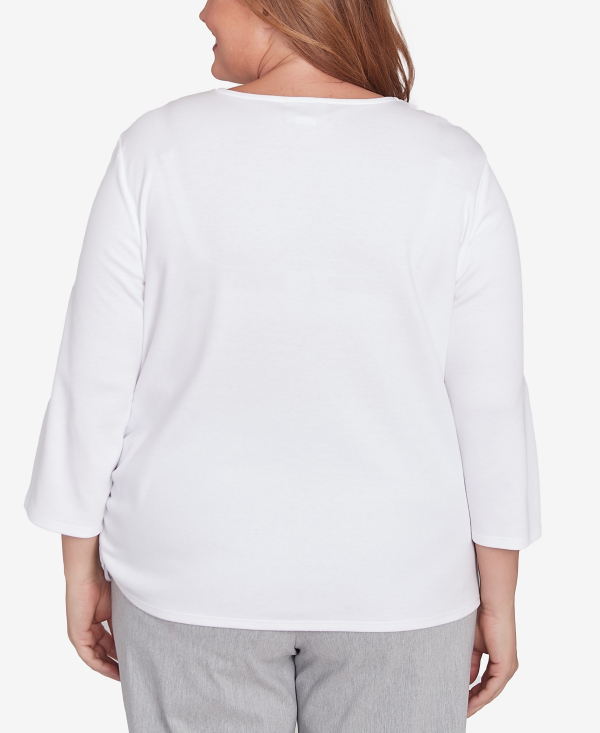 Alfred Dunner Plus Size Dress Code Linear Knit Floral Embroidered Crew Neck Top In White