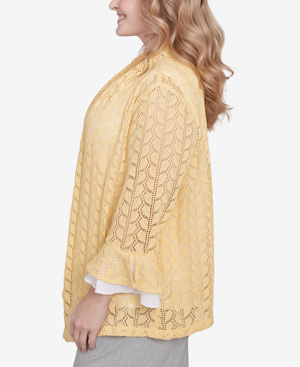 Alfred Dunner Plus Size Dress Code Two In One Pointelle Knit Top With Necklace In Buttercup