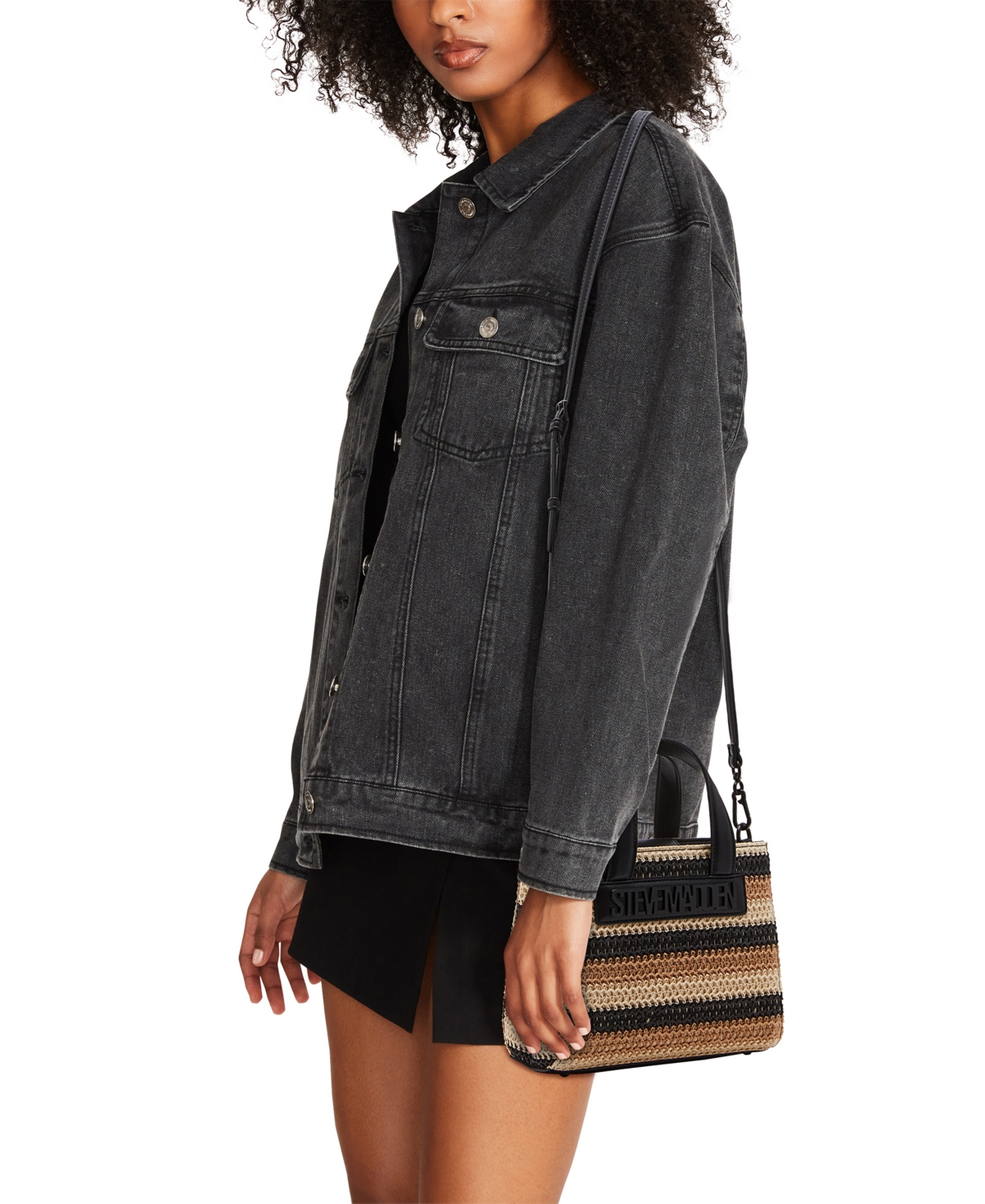 Steve Madden Bflores Raffia Mini Tote In Black Multi