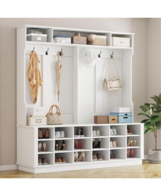 63 in. W White Wood 3-in-1 Hall Tree Coat Rack Shoe Storage Bench with 6-Metal Double Hooks, Shoe Rack and Shelves