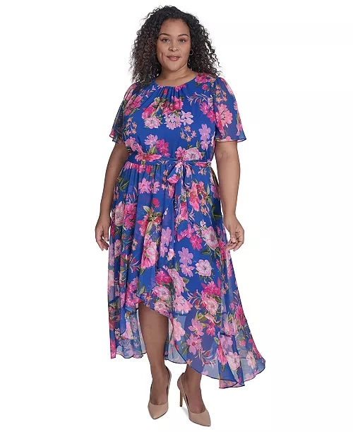 plus size floral-print belted flutter-sleeve dress