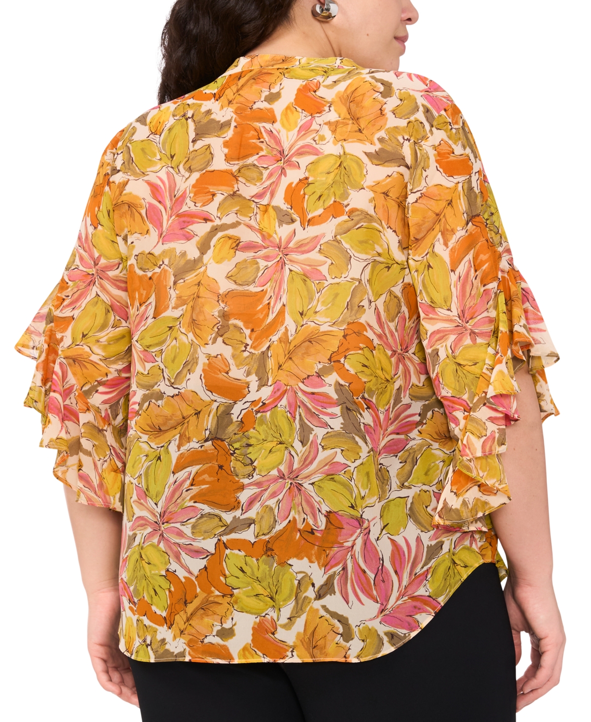 VINCE CAMUTO PLUS SIZE FLORAL-PRINT RUFFLED-SLEEVE SPLIT-NECK BLOUSE 