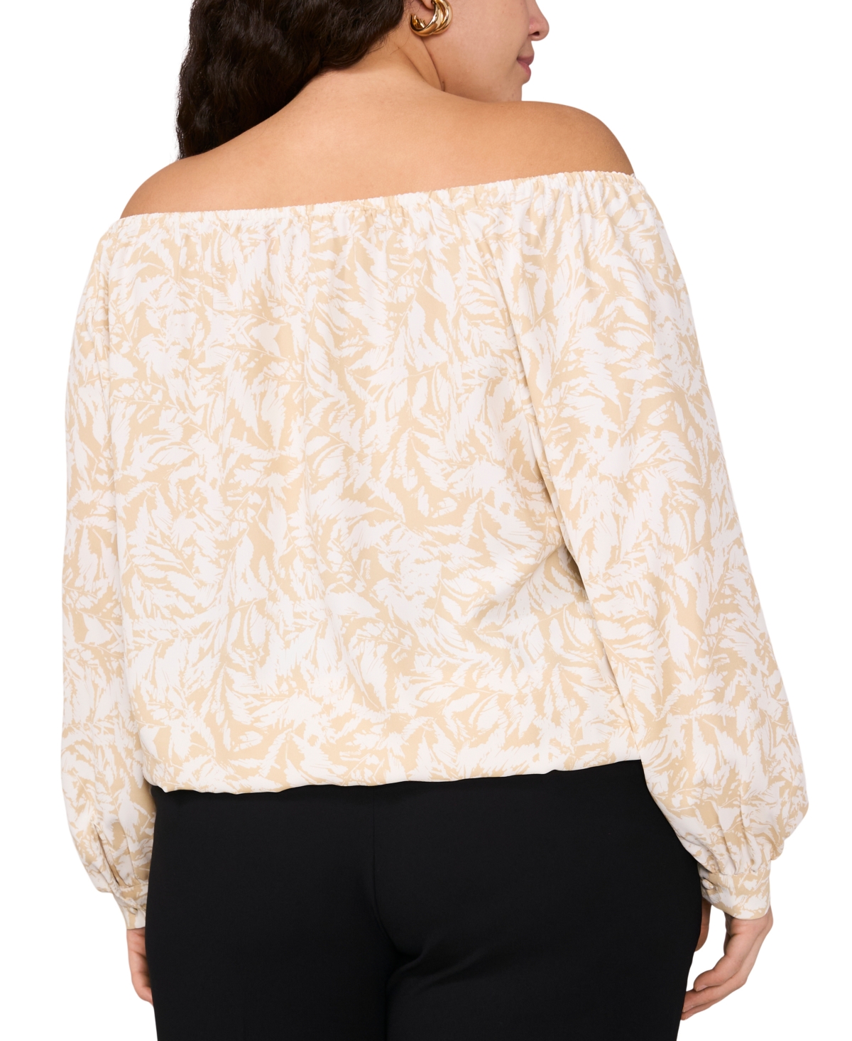 VINCE CAMUTO PLUS SIZE PRINTED OFF-THE-SHOULDER LONG-SLEEVE TIE-FRONT BLOUSE 