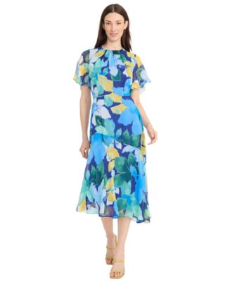 Flutter Sleeve Midi Dress Maggy London Women's Floral Print - Twist Mock Neck & Asymmetrical Hem Women's Flutter Sleeve Mock Neck Dress