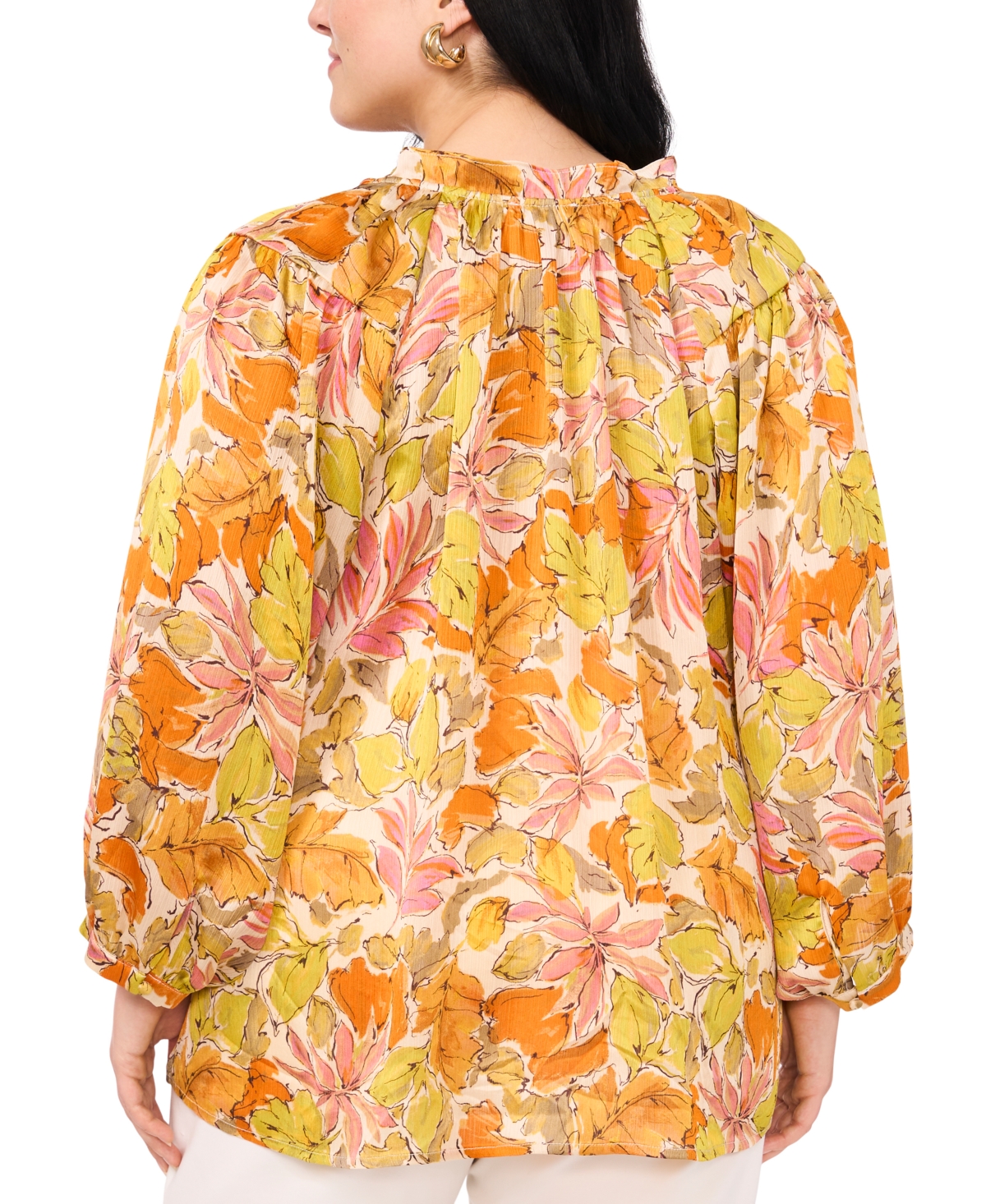 Shop Vince Camuto Plus Size Floral-print Ruffled Tie-neck Blouse In Crushed Orange