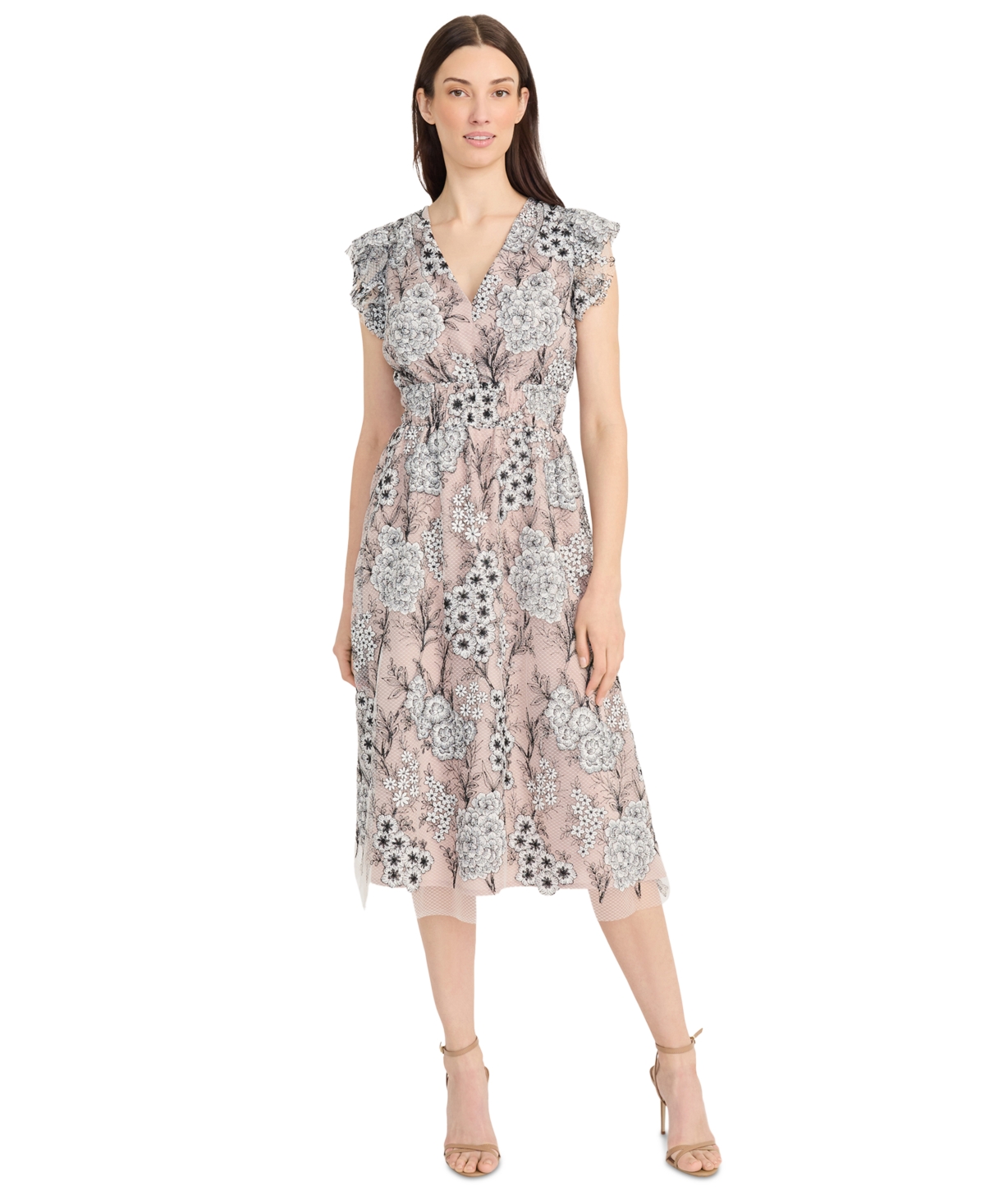 Women's V-Neck Floral Mesh Midi Dress - Black/Ivory