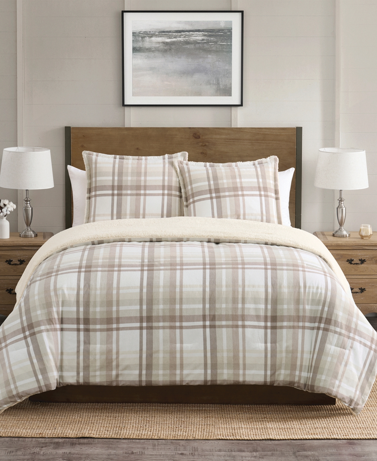 Vcny Home Plaid Brushed Flannel And Sherpa 3-pc. Comforter Set, King In Beige