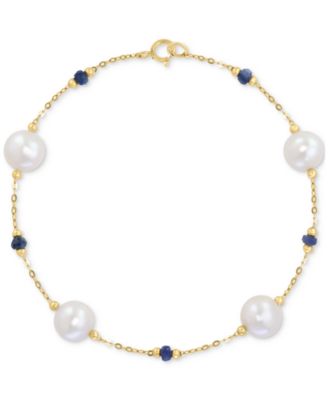 EFFY Collection - Cultured Freshwater Pearl (8mm) & Sapphire (7/8 ct. t.w.) Link Bracelet in 14k Gold