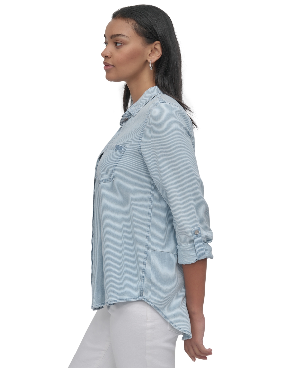 Shop Dkny Jeans Women's Roll-tab-sleeve Button-front Shirt In Kzn - Dk Outln Chbry