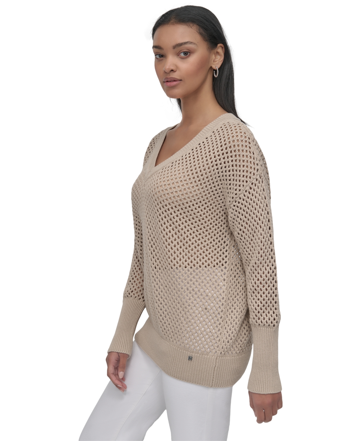 Shop Dkny Jeans Women's Cotton Open-knit V-neck Sweater In Pbl - Pebble