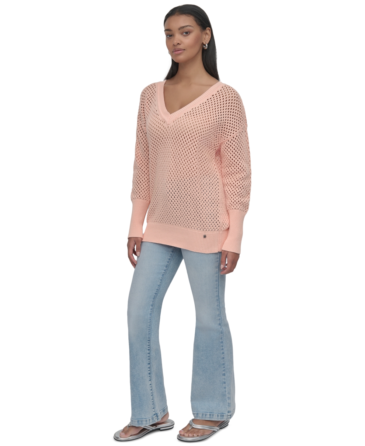 DKNY JEANS WOMEN'S COTTON OPEN-KNIT V-NECK SWEATER 
