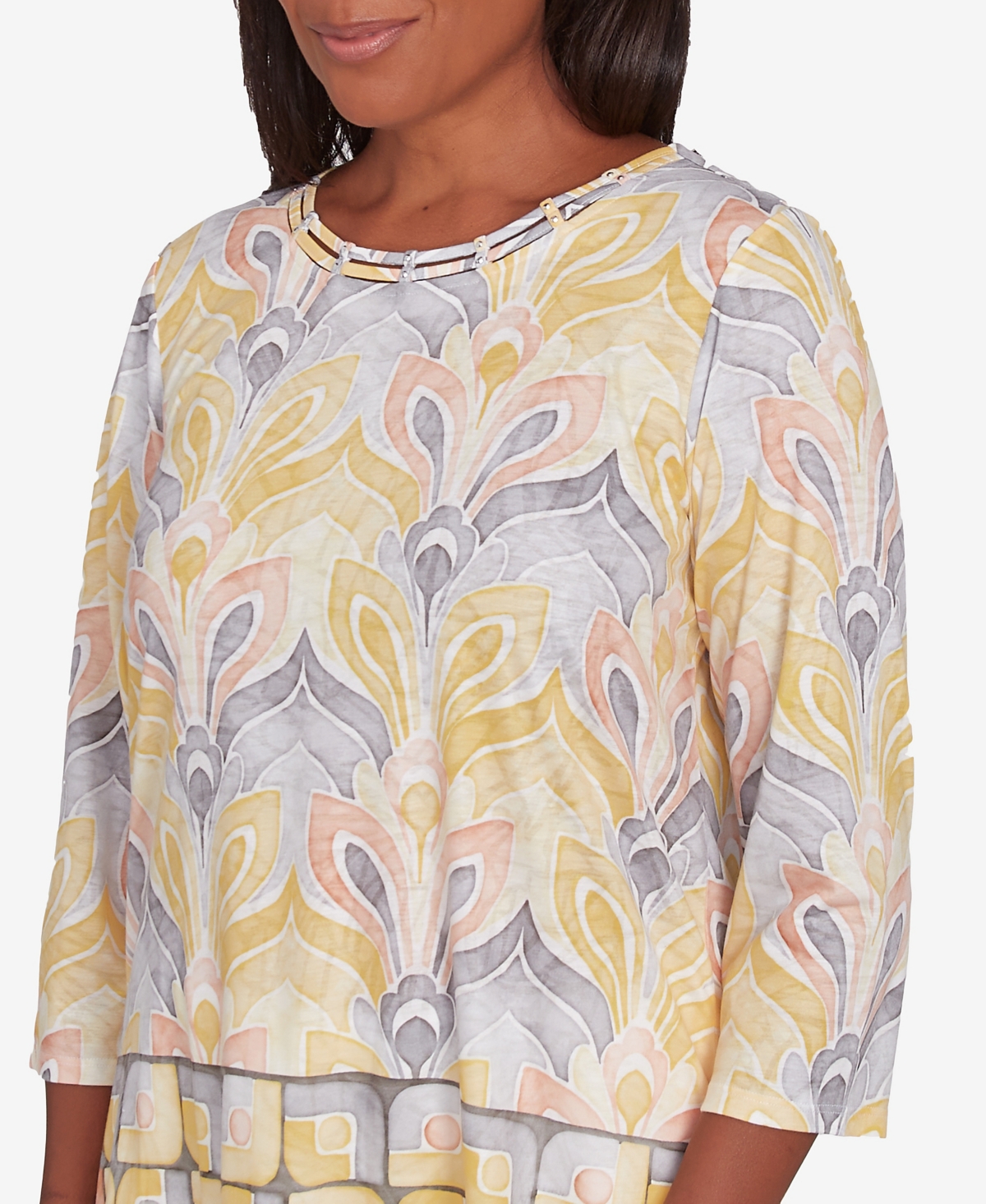 Alfred Dunner Petite Dress Code Geometric Medallion Crewneck Top In Multi Yellow