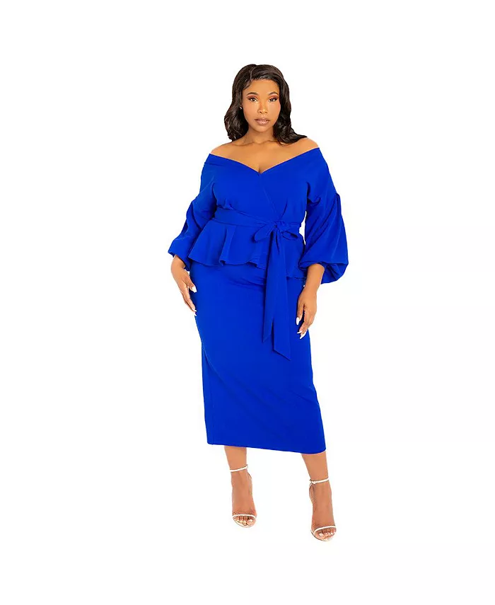Plus Size Off Shoulder Peplum Midi Dress - thumbnail 6