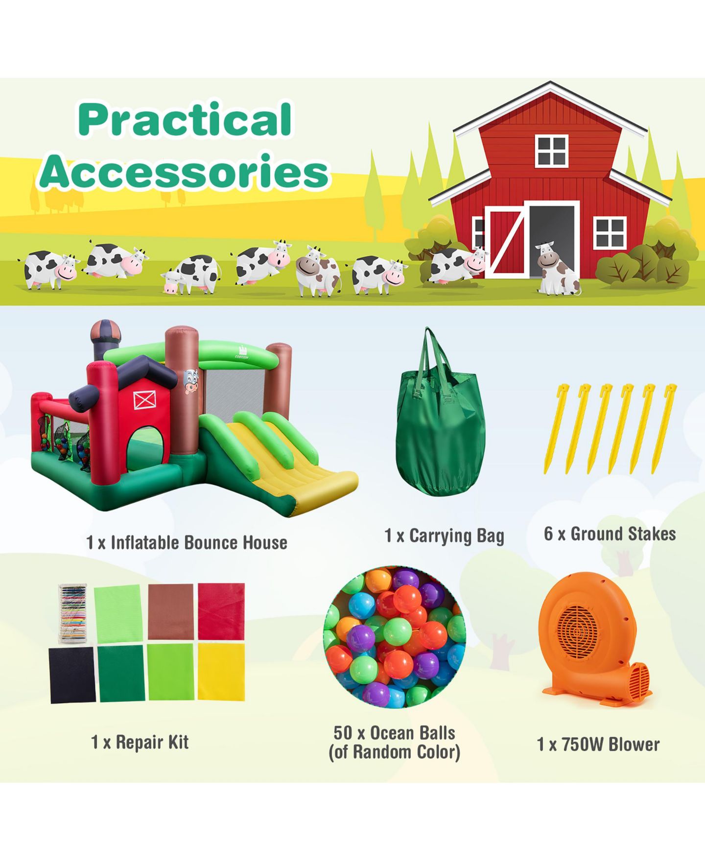 Детские игрушки Costway Farm Themed Inflatable Bounce House with Double Slides and Ball Pit, 140"L x 130"W x 87"H, от 3 лет, цвет: Зелёный — фото 11