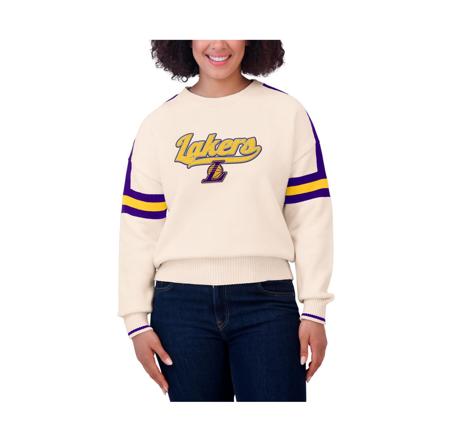 Women's Cream Los Angeles Lakers Stripe Pullover Sweater