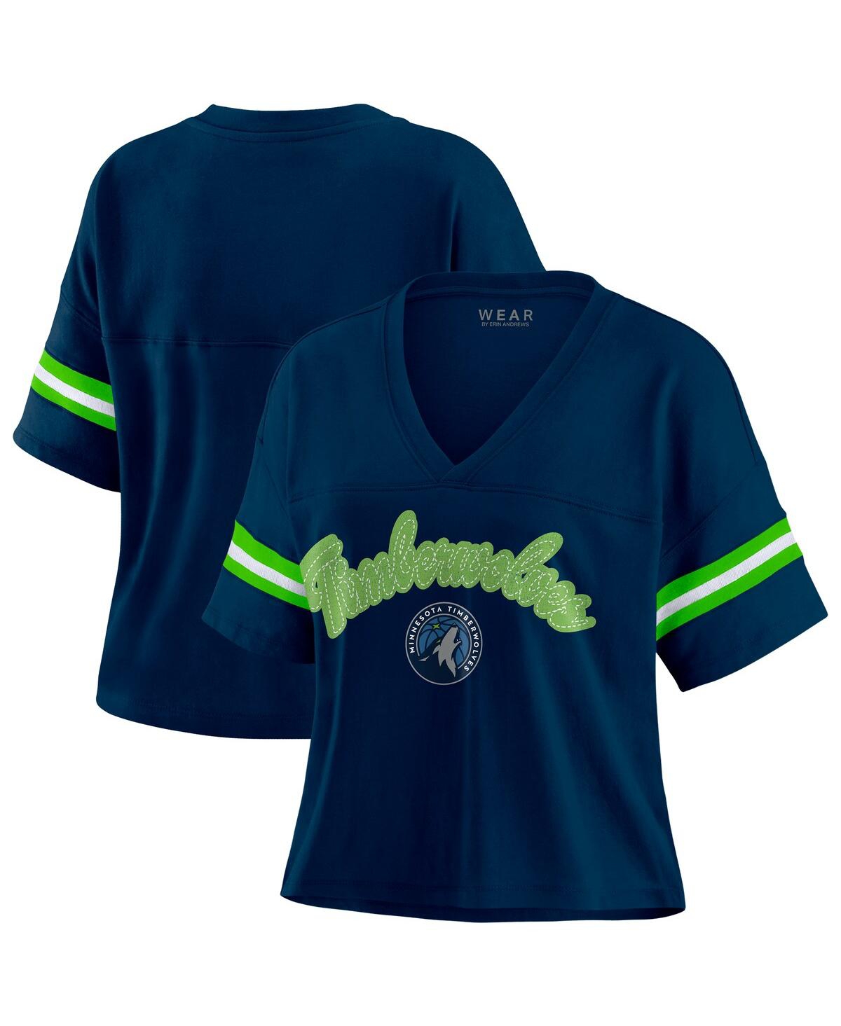 Women's Navy Minnesota Timberwolves Color Block Boxy V-Neck T-Shirt - Navy