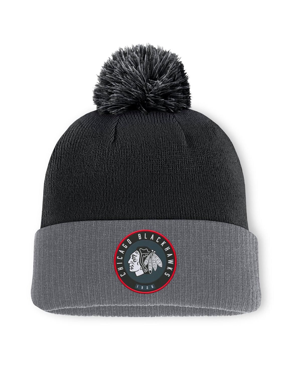 Fanatics Men's Black/charcoal Chicago Blackhawks Cuffed Knit Hat With Pom In Black,charcoal