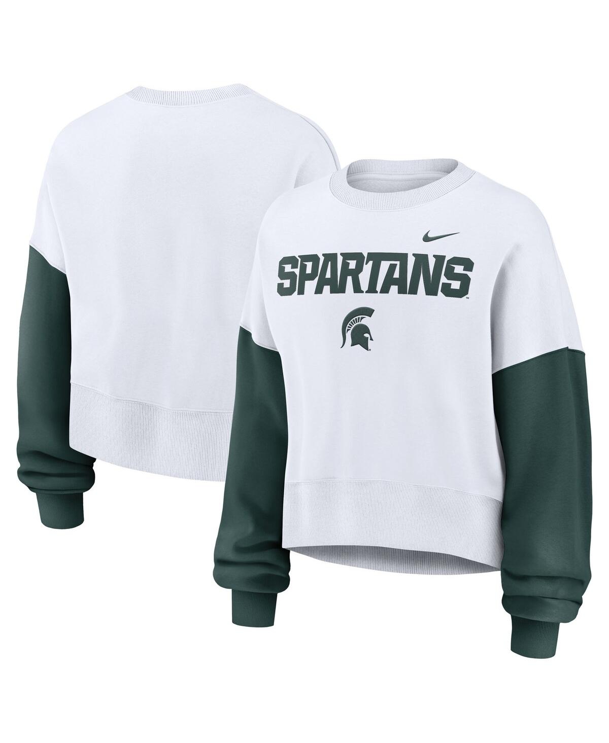 Nike Women's White Michigan State Spartans Color-block Oversized Cropped Pullover Sweatshirt In White