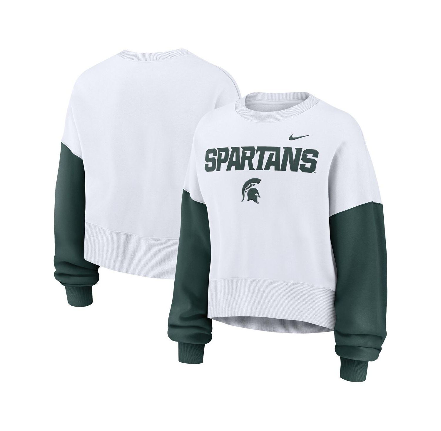 Women's White Michigan State Spartans Color-Block Oversized Cropped Pullover Sweatshirt