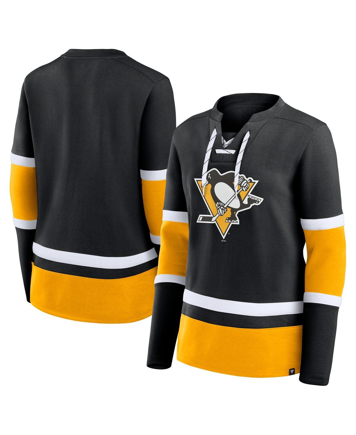 Fanatics Women's Black Pittsburgh Penguins Prime Time Lace-up Long Sleeve T-shirt In Black,gold