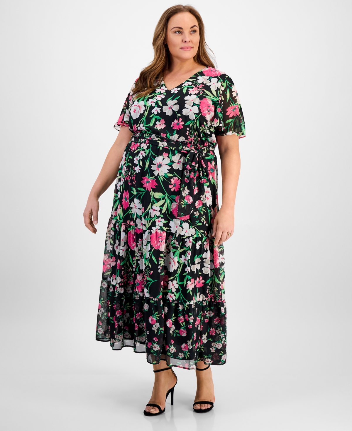 Kasper Plus Size Floral-print Maxi Dress In Black Multi